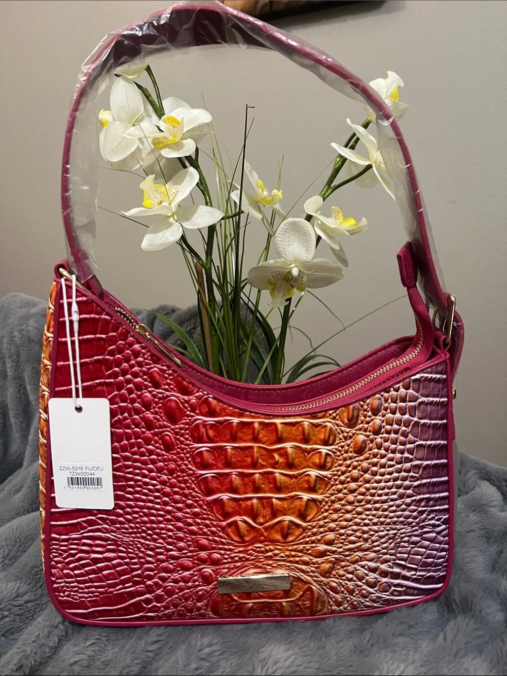 Gradient Croc-Embossed Shoulder Bag in Pink, Orange and Purple NWT